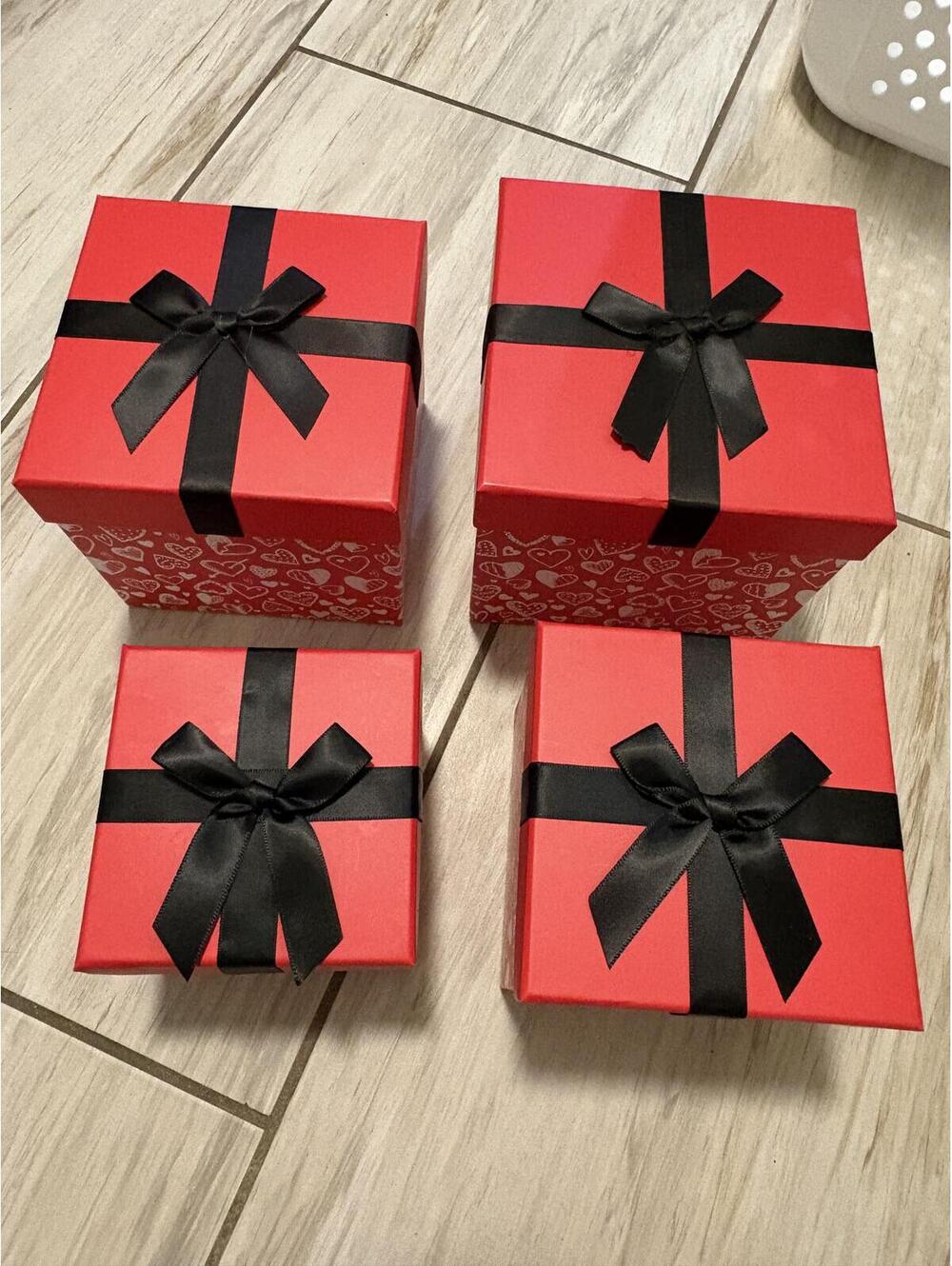 Set of 4 Red Decorative Gift Boxes with Black Ribbon and Heart Pattern